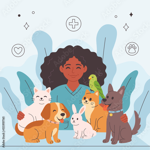 Veterinary doctor with pets. Pets in a veterinary clinic. Veterinarian day. Vector illustration in flat style