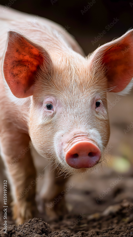 Adorable pink piglet standing on soil with curious expression Adorable pink piglet standing on soil with curious expression