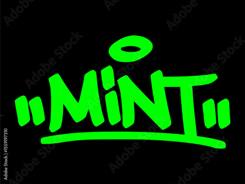 Graffiti tag of "Mint" in green over black background. Urban herb-inspired art ideal for botanical, culinary, and fresh nature design concepts.