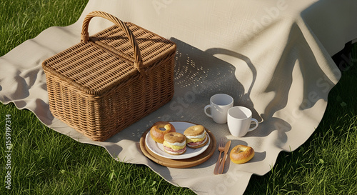 Idyllic summer picnic scene with a wicker basket and bagel sandwiches on a blanket spread over lush green grass.
