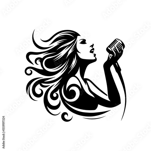 A woman singing into a vintage microphone, with flowing hair, in a black and white vector illustration.