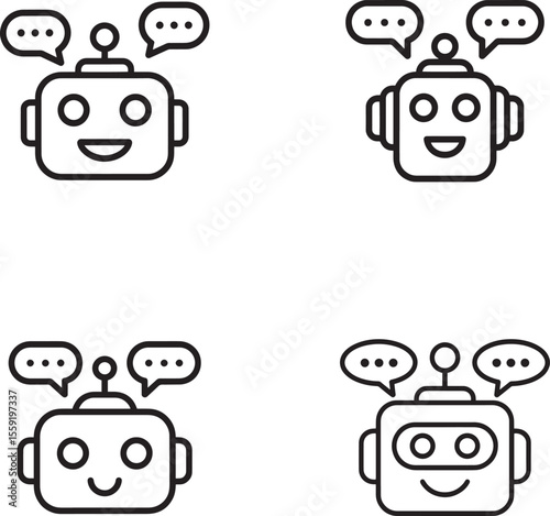 Four robot head icons with speech bubbles conveying communication and ai chatbot technology silhouette