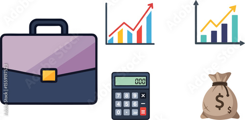 Business themed icons briefcase charts calculator and money bag illustration.