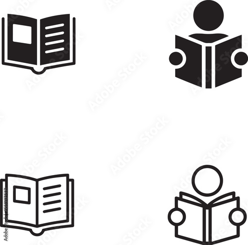 Collection of four simple icons representing reading and books silhouette