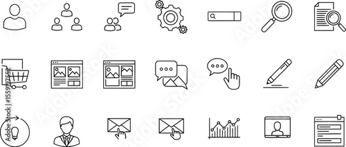 Collection of Black and White Line Art Icons Representing Business and Technology 1.