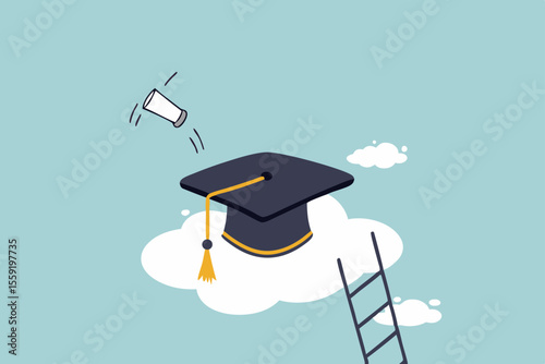 High education, cost and expense to graduate high degree education concept, graduation cap on high cloud with ladder.