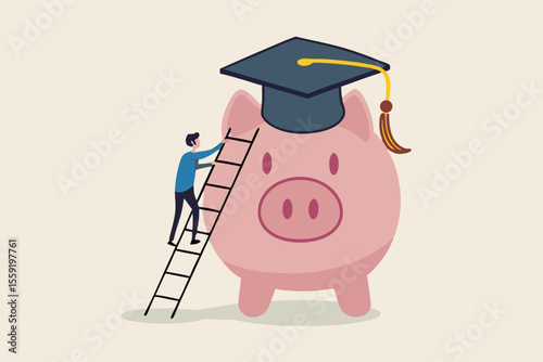 Education fund, cost and expense in books, course study, saving money to achieve degree and graduation concept, young student climbing the ladder to reach piggy bank wearing university graduation hat.