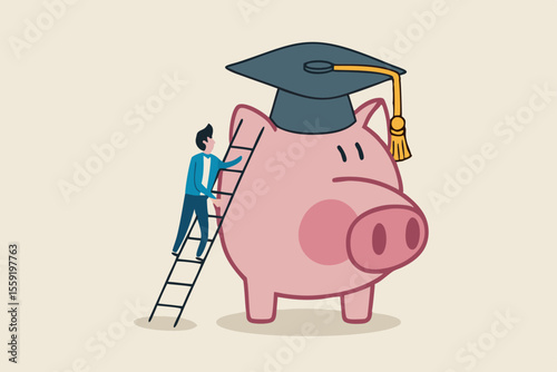 Education fund, cost and expense in books, course study, saving money to achieve degree and graduation concept, young student climbing the ladder to reach piggy bank wearing university graduation hat.