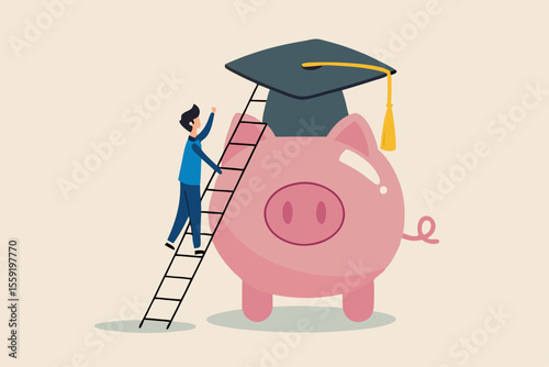 Education fund, cost and expense in books, course study, saving money to achieve degree and graduation concept, young student climbing the ladder to reach piggy bank wearing university graduation hat.