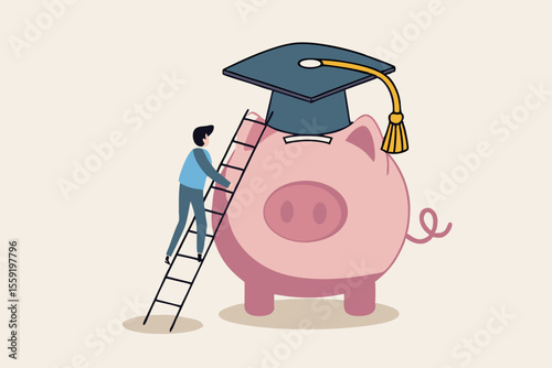 Education fund, cost and expense in books, course study, saving money to achieve degree and graduation concept, young student climbing the ladder to reach piggy bank wearing university graduation hat.