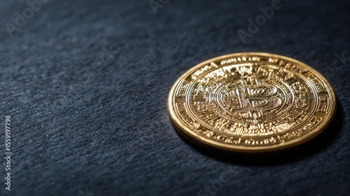 Close-up of a shiny gold bitcoin coin on a dark textured background under soft directional light ideal for cryptocurrency visuals, fintech content and digital economy promotions