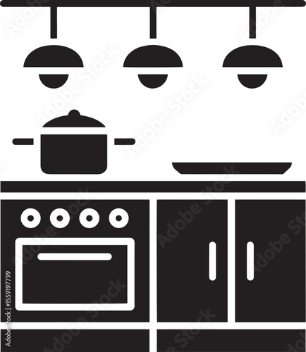 Kitchen counter with stove oven pot and overhead lights silhouette