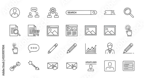 Collection of Minimalist Line Art Icons Representing Various Digital and Business Concepts.