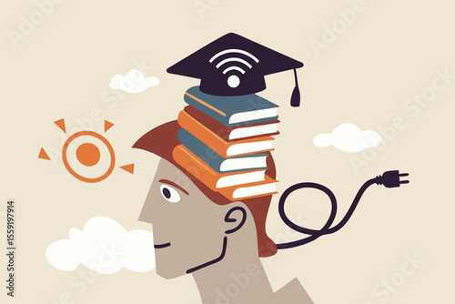 Online study, remote university or e-learning and internet teaching or online education concept, smart man with stacked of books insert into his brain with graduation hat with internet wifi signal.