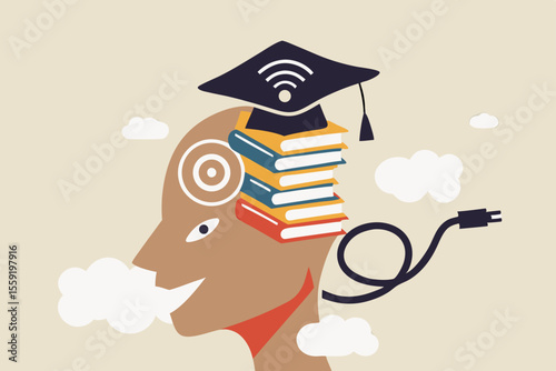 Online study, remote university or e-learning and internet teaching or online education concept, smart man with stacked of books insert into his brain with graduation hat with internet wifi signal.