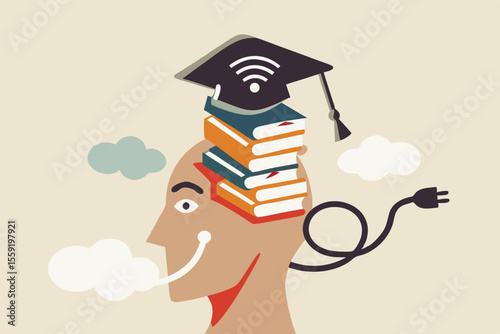 Online study, remote university or e-learning and internet teaching or online education concept, smart man with stacked of books insert into his brain with graduation hat with internet wifi signal.