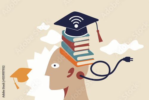Online study, remote university or e-learning and internet teaching or online education concept, smart man with stacked of books insert into his brain with graduation hat with internet wifi signal.