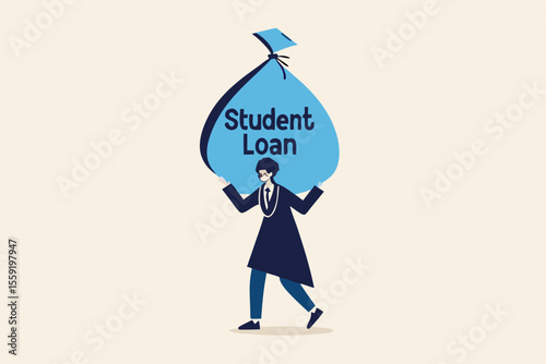 Student loan, saving for school, university or college study cost concept, graduated student wearing graduation ceremony suit holding heavy expensive student loan money bag.