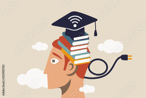 Online study, remote university or e-learning and internet teaching or online education concept, smart man with stacked of books insert into his brain with graduation hat with internet wifi signal.