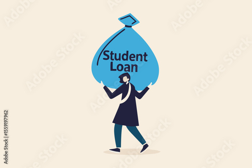 Student loan, saving for school, university or college study cost concept, graduated student wearing graduation ceremony suit holding heavy expensive student loan money bag.