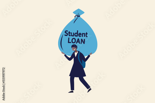 Student loan, saving for school, university or college study cost concept, graduated student wearing graduation ceremony suit holding heavy expensive student loan money bag.