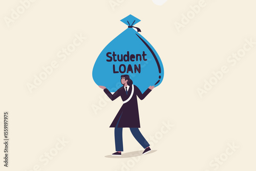 Student loan, saving for school, university or college study cost concept, graduated student wearing graduation ceremony suit holding heavy expensive student loan money bag.