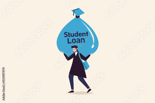 Student loan, saving for school, university or college study cost concept, graduated student wearing graduation ceremony suit holding heavy expensive student loan money bag.