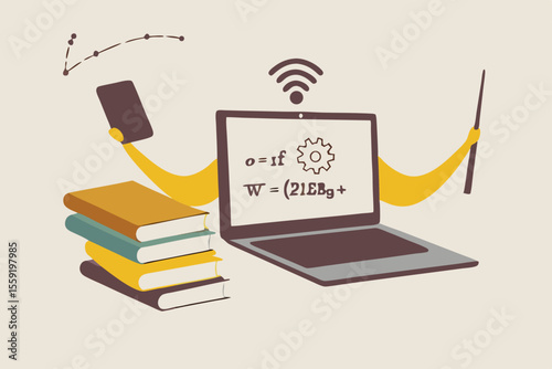 Online e-learning, teaching via internet course or study online at home in Coronavirus COVID-19 outbreak concept, computer laptop with math equation on display with hands as professor or teacher.