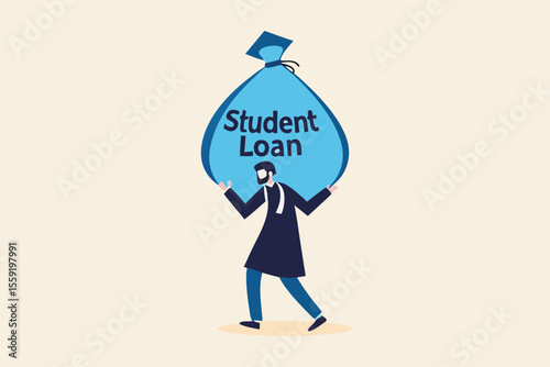 Student loan, saving for school, university or college study cost concept, graduated student wearing graduation ceremony suit holding heavy expensive student loan money bag.