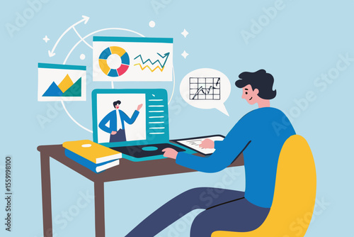 Online study learning course or internet education webinar, remote e-learning, teaching online or exam, test, knowledge wisdom concept, young man study online course on computer laptop at home.