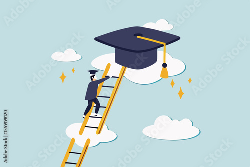 Education degree achievement, graduation or college, university diploma, school or learning classroom, wisdom or scholar concept, young adult student climb up ladder to reach graduate mortarboard hat.