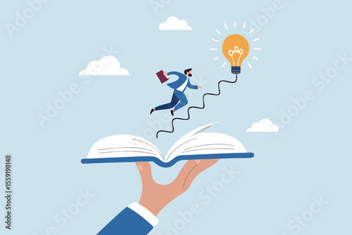 Effective learning new knowledge lead to success, wisdom or idea creativity, literature or inspiration, opportunity advice concept, young man running on opening book with stair up to lightbulb idea.