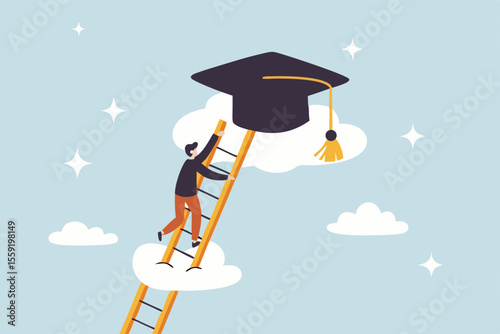 Education degree achievement, graduation or college, university diploma, school or learning classroom, wisdom or scholar concept, young adult student climb up ladder to reach graduate mortarboard hat.