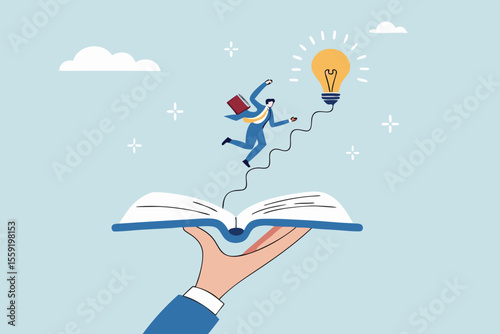 Effective learning new knowledge lead to success, wisdom or idea creativity, literature or inspiration, opportunity advice concept, young man running on opening book with stair up to lightbulb idea.
