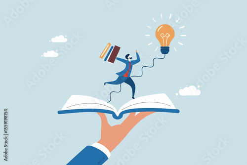 Effective learning new knowledge lead to success, wisdom or idea creativity, literature or inspiration, opportunity advice concept, young man running on opening book with stair up to lightbulb idea.