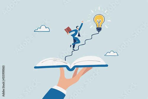 Effective learning new knowledge lead to success, wisdom or idea creativity, literature or inspiration, opportunity advice concept, young man running on opening book with stair up to lightbulb idea.