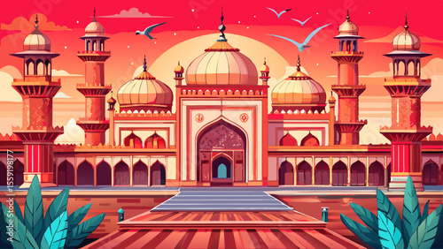 Jama Masjid, Delhi, India
One of India’s largest mosques, it features three red sandstone domes striped with white marble. Broad stairways, ornate gates, and twin minarets frame the vast courtyard tee