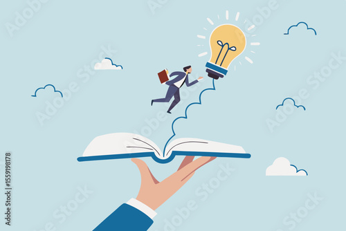 Effective learning new knowledge lead to success, wisdom or idea creativity, literature or inspiration, opportunity advice concept, young man running on opening book with stair up to lightbulb idea.