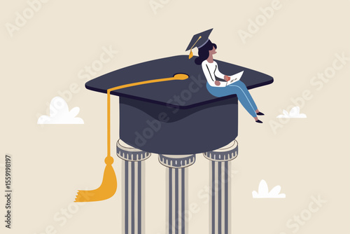 Curriculum, learning or education, student academic, study new knowledge or scholarship, learning lesson, certificate or graduated concept, smart woman learning with laptop on mortarboard pillars.