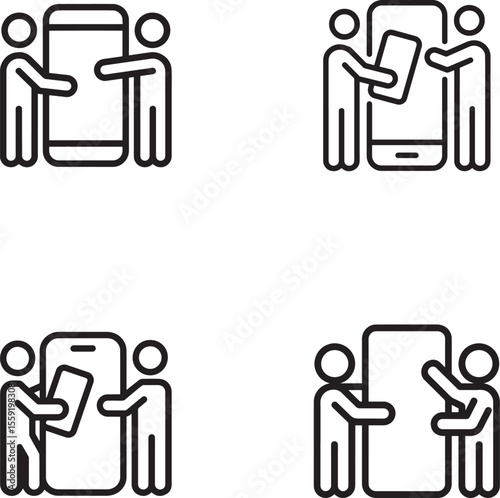Four simple line icons showing people interacting with smartphones silhouette