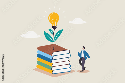 Knowledge, wisdom to create new idea, creativity or innovation from reading books, education or learning new skill to success, study or library, smart young man with book stack with light bulb plant.