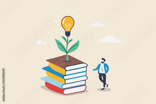 Knowledge, wisdom to create new idea, creativity or innovation from reading books, education or learning new skill to success, study or library, smart young man with book stack with light bulb plant.