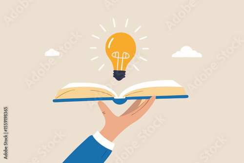 Knowledge or education, study or learning new skill, creativity or idea, reading book for inspiration, discover solution or literature, wisdom concept, hand hold open book to discover lightbulb idea.