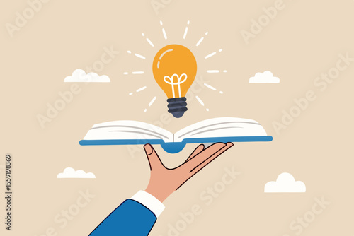 Knowledge or education, study or learning new skill, creativity or idea, reading book for inspiration, discover solution or literature, wisdom concept, hand hold open book to discover lightbulb idea.