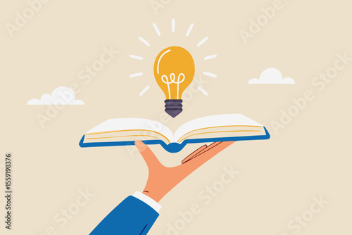 Knowledge or education, study or learning new skill, creativity or idea, reading book for inspiration, discover solution or literature, wisdom concept, hand hold open book to discover lightbulb idea.