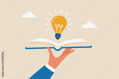 Knowledge or education, study or learning new skill, creativity or idea, reading book for inspiration, discover solution or literature, wisdom concept, hand hold open book to discover lightbulb idea.