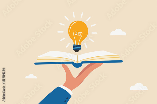 Knowledge or education, study or learning new skill, creativity or idea, reading book for inspiration, discover solution or literature, wisdom concept, hand hold open book to discover lightbulb idea.