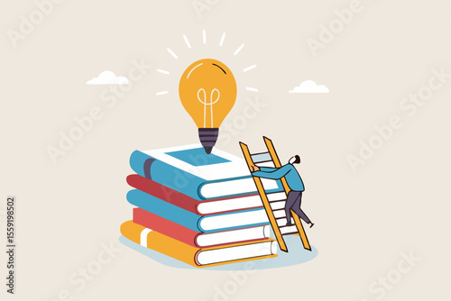 Creativity, knowledge to achieve success, imagination or education to develop skills, inspiration or finding solution concept, young adult man climb up ladder on book stack to find creative lightbulb.