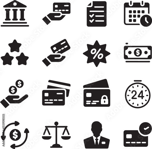 Collection of financial and business icons in silhouette style