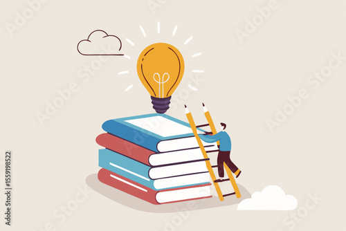 Creativity, knowledge to achieve success, imagination or education to develop skills, inspiration or finding solution concept, young adult man climb up ladder on book stack to find creative lightbulb.